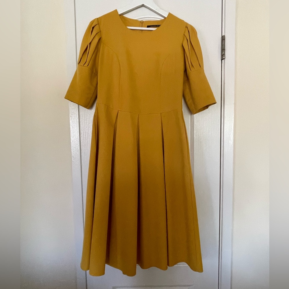 Yellow Pleated A-Line Midi Dress with Puff Sleeves